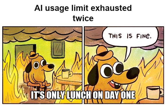 A This Is Fine dog with the founder's AI usage limit exhausted by lunch on day one
