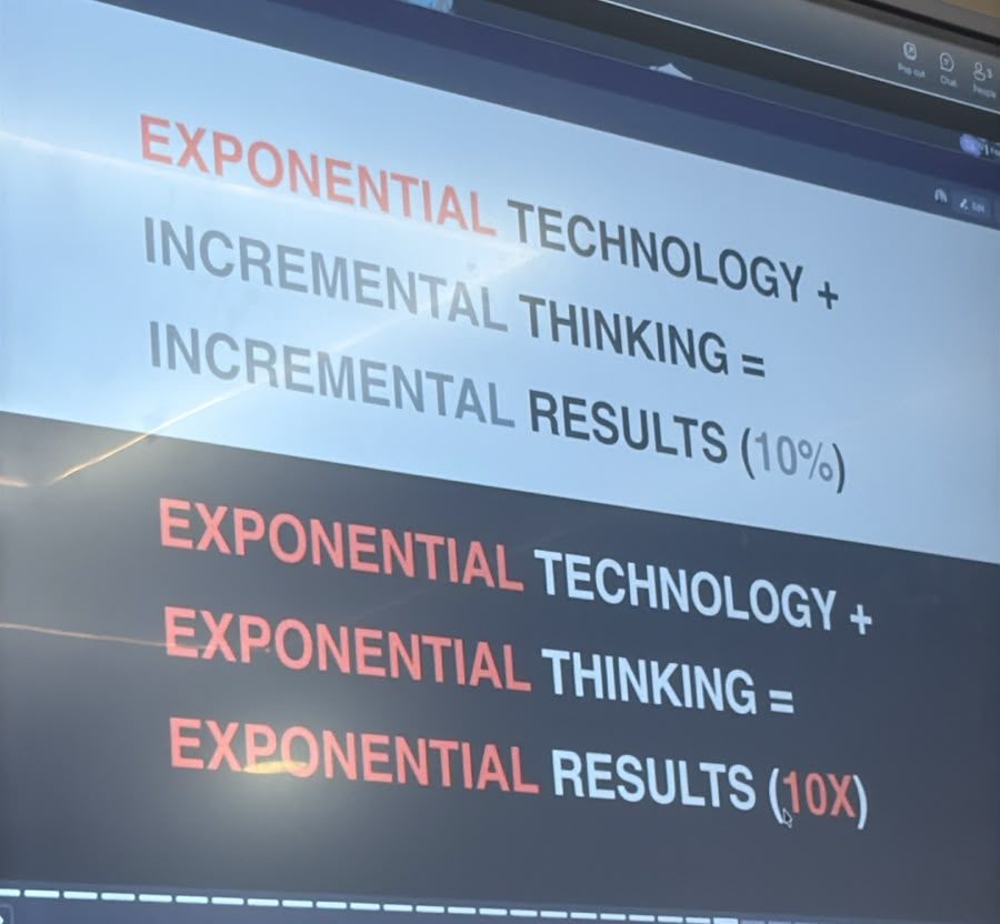 Slide: exponential technology plus incremental thinking equals incremental results of 10 percent, while exponential technology plus exponential thinking equals exponential results of 10x