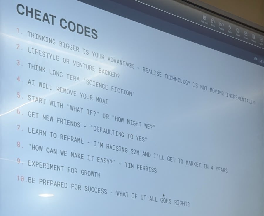 Slide listing ten founder cheat codes, from thinking bigger and choosing lifestyle or venture backed, to making it easy and being prepared for success