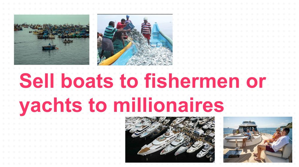 Slide asking whether you sell boats to fishermen or yachts to millionaires, with photos of fishing boats and yachts