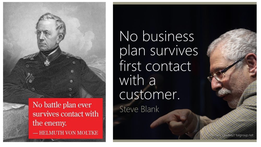 Slide pairing Helmuth von Moltke's line that no battle plan survives contact with the enemy with Steve Blank's line that no business plan survives first contact with a customer