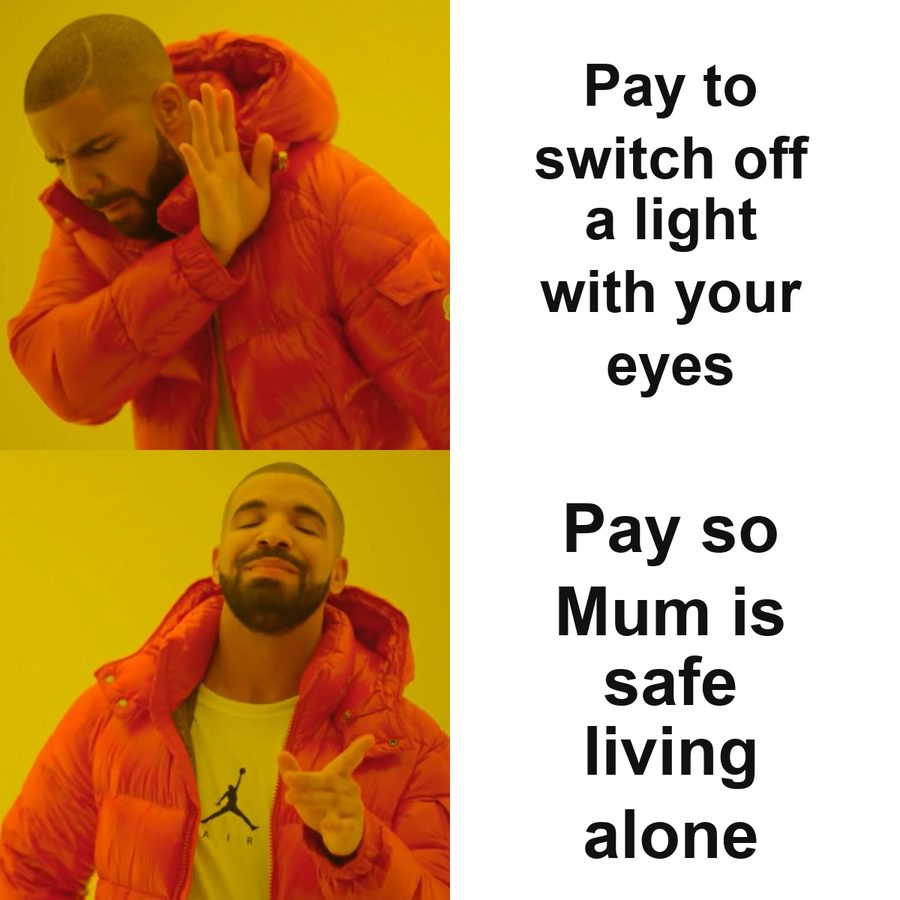 Drake meme preferring a product that keeps your mother safe over one that switches off a light with your eyes