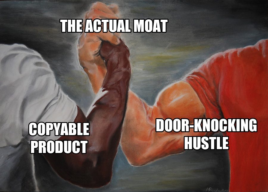Epic handshake meme between a copyable product and door-knocking hustle, meeting at the actual moat