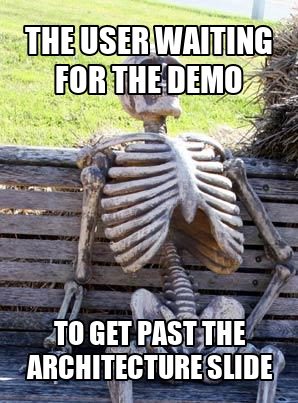 Skeleton on a bench still waiting for the demo to get past the architecture slide