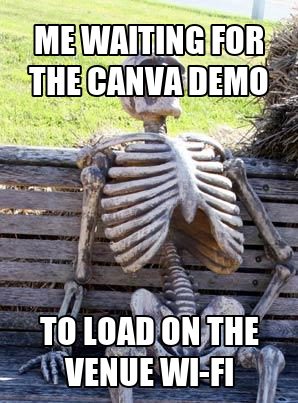 Skeleton waiting on a bench for a streamed demo to load on venue Wi-Fi